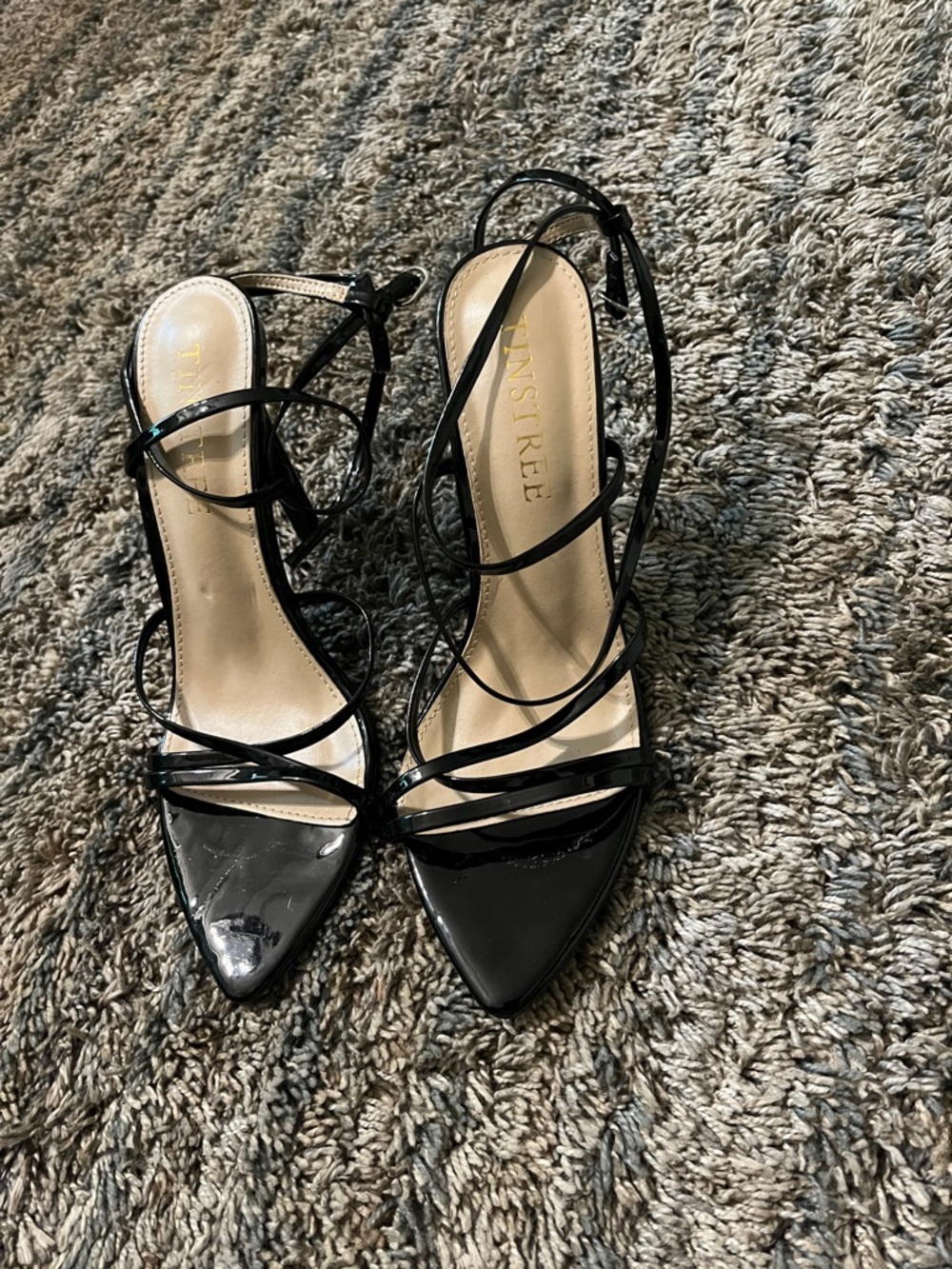 Black Patent Strappy Pointed-Toe Lace-Up Heels